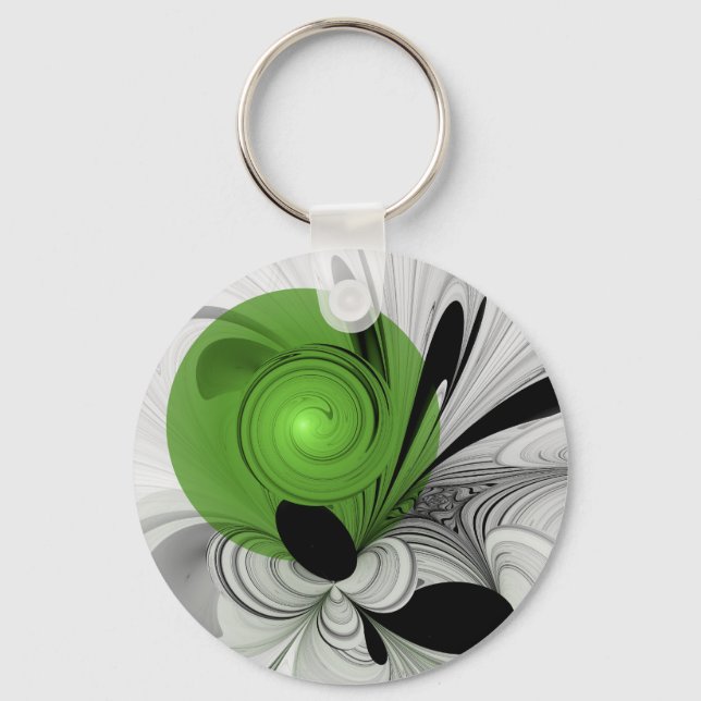 Abstract Black and White with Green Fractal Art Key Ring (Front)