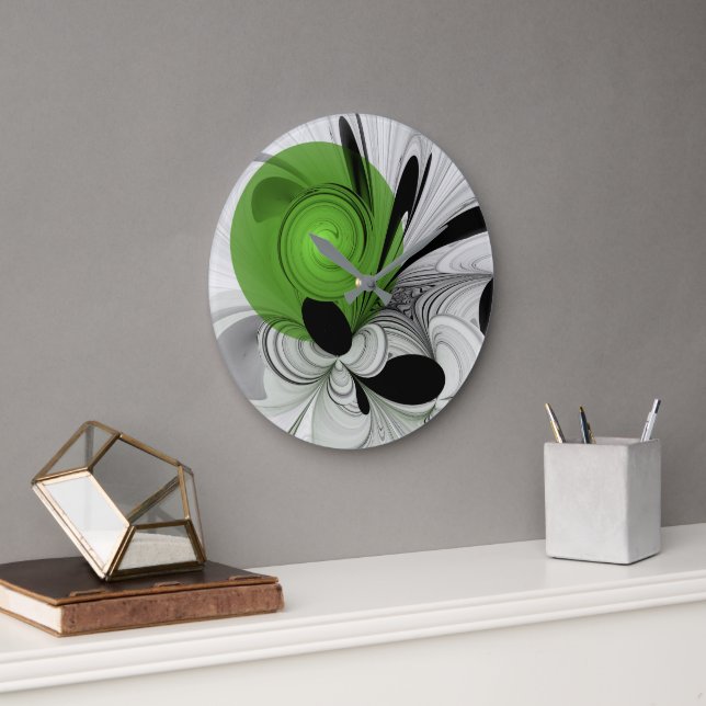 Abstract Black and White with Green Fractal Art Large Clock (Office)