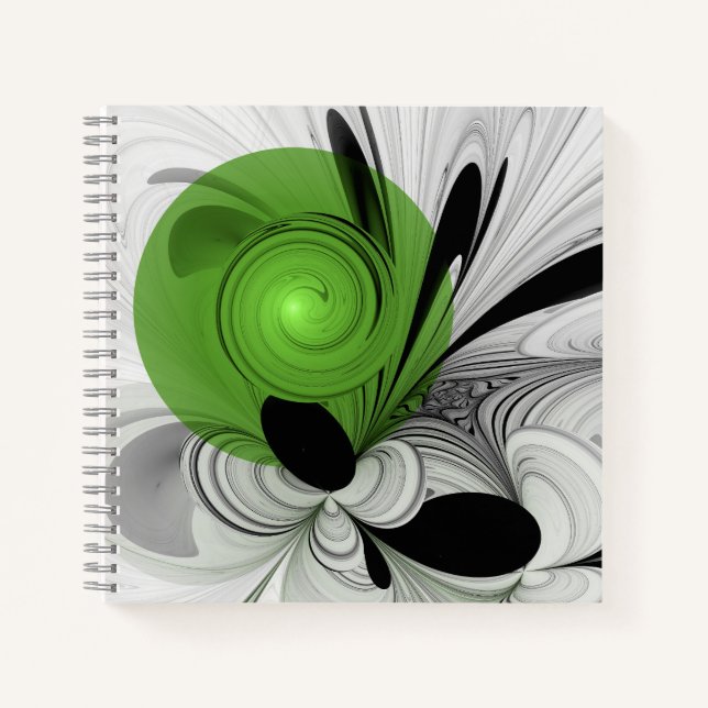 Abstract Black and White with Green Fractal Art Notebook (Front)