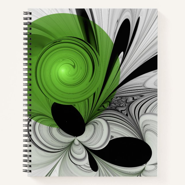Abstract Black and White with Green Fractal Art Notebook (Front)