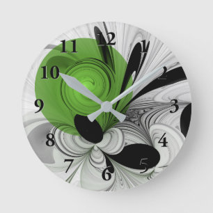 Abstract Black and White with Green Fractal Art Round Clock
