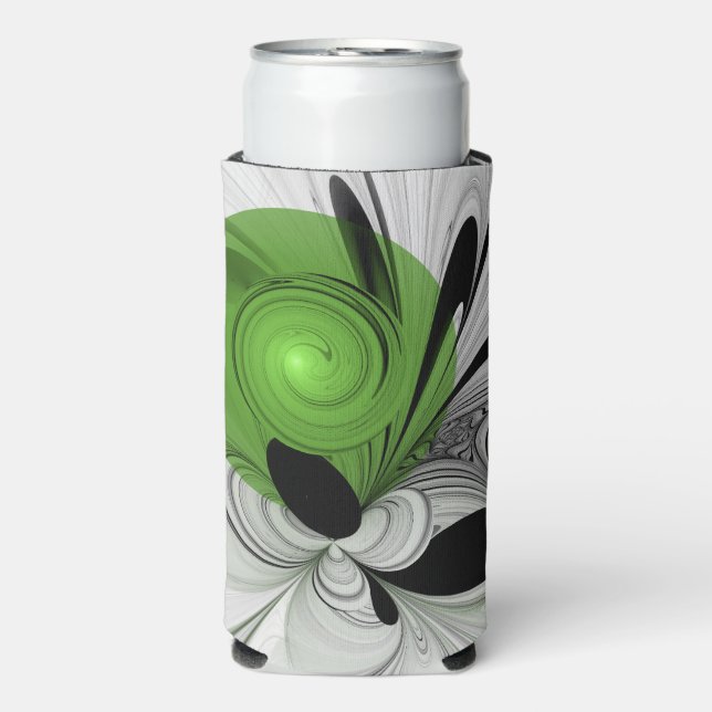 Abstract Black and White with Green Fractal Art Seltzer Can Cooler (Seltzer Front)