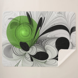 Abstract Black and White with Green Fractal Art Sherpa Blanket