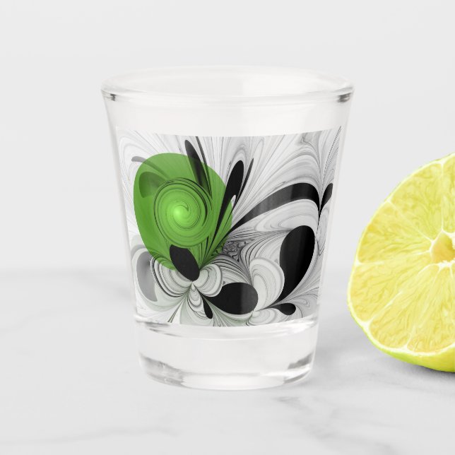 Abstract Black and White with Green Fractal Art Shot Glass (Front)