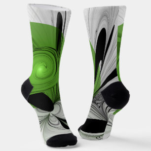 Abstract Black and White with Green Fractal Art Socks