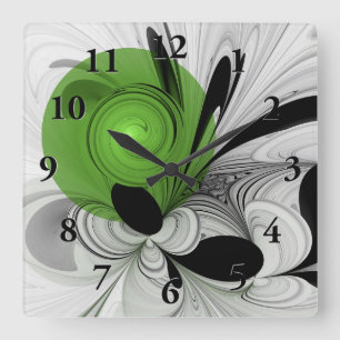 Abstract Black and White with Green Fractal Art Square Wall Clock