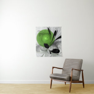 Abstract Black and White with Green Fractal Art Tapestry