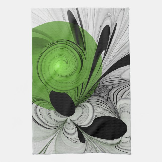 Abstract Black and White with Green Fractal Art Tea Towel (Vertical)