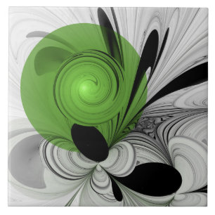 Abstract Black and White with Green Fractal Art Tile