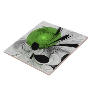 Abstract Black and White with Green Fractal Art Tile