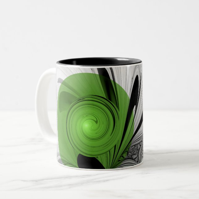 Abstract Black and White with Green Fractal Art Two-Tone Coffee Mug (Front Left)