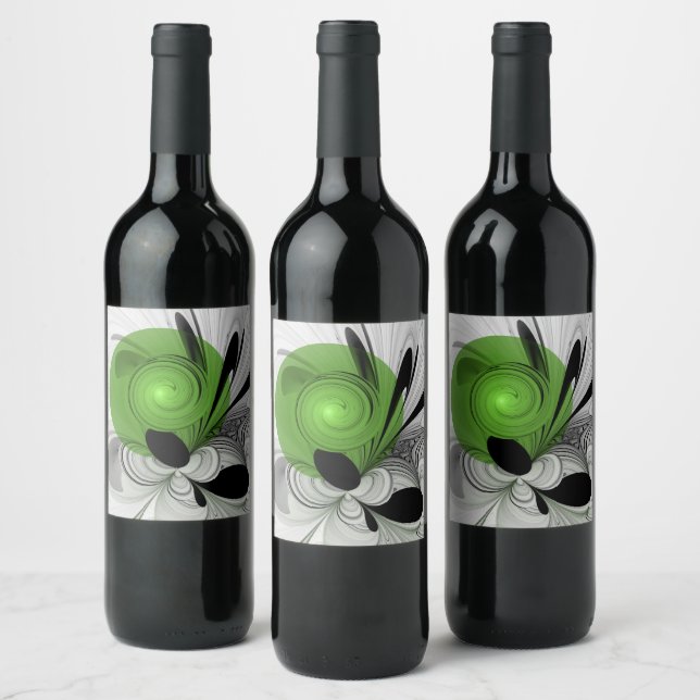 Abstract Black and White with Green Fractal Art Wine Label (Bottles)