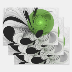 Abstract Black and White with Green Fractal Art Wrapping Paper Sheet