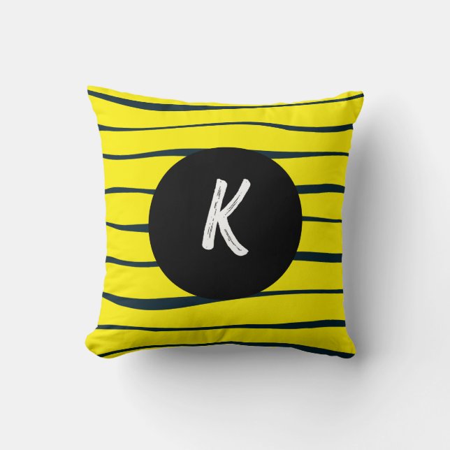 Abstract Black and Yellow Lines Monogram Cushion (Front)