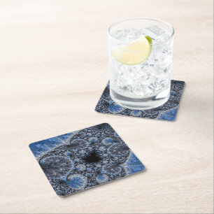Abstract Black Blue Fractal Square Paper Coaster