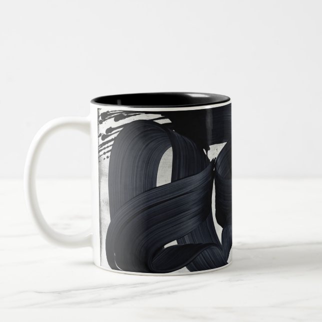 Abstract Black Brushstroke Monochrome  Two-Tone Coffee Mug (Left)