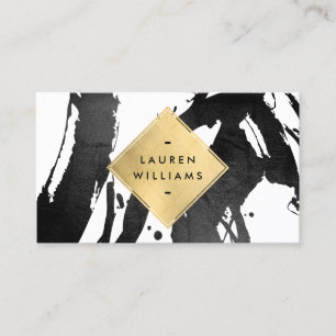 Abstract Black Brushstrokes Faux Gold Foil Diamond Business Card