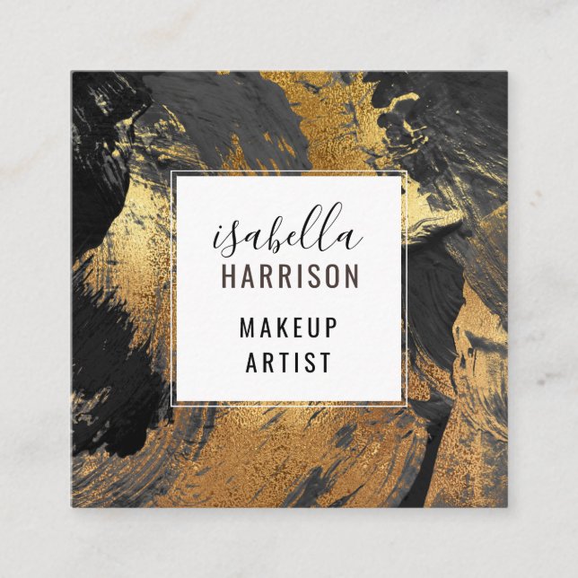 Abstract Black Brushstrokes Gold Makeup Artist Square Business Card (Front)