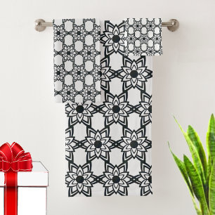 Abstract Black Flower Mandala Pattern on White Bath Towel Set