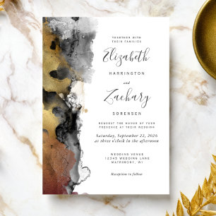 Abstract Black Gold Ink Border Wedding Invitation