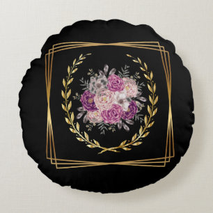 Abstract Black Gold Purple Floral Boho Minimalist  Round Cushion