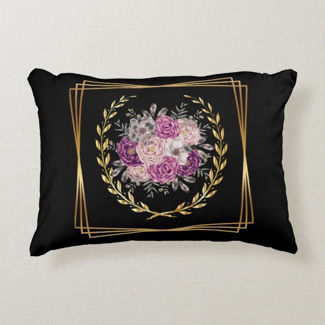 Abstract Black Gold Purple Floral Laurel Wreath Decorative Cushion (Front)