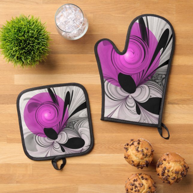 Abstract Black Gray With Magenta Fractal Art Oven Mitt & Pot Holder Set (Top Down)