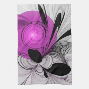 Abstract Black Gray With Magenta Fractal Art Tea Towel