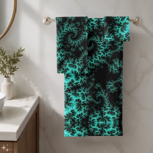 Abstract Black Green Fractal Bath Towel Set