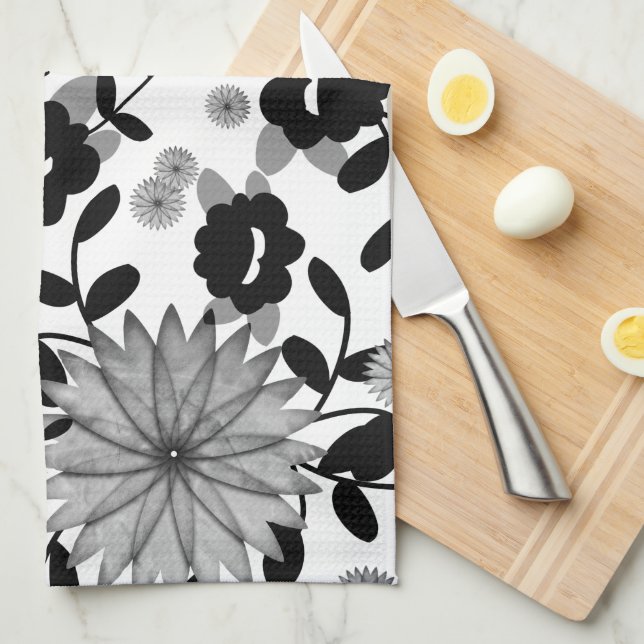 Abstract Black & Grey Digital Florals on White Kit Tea Towel (Quarter Fold)
