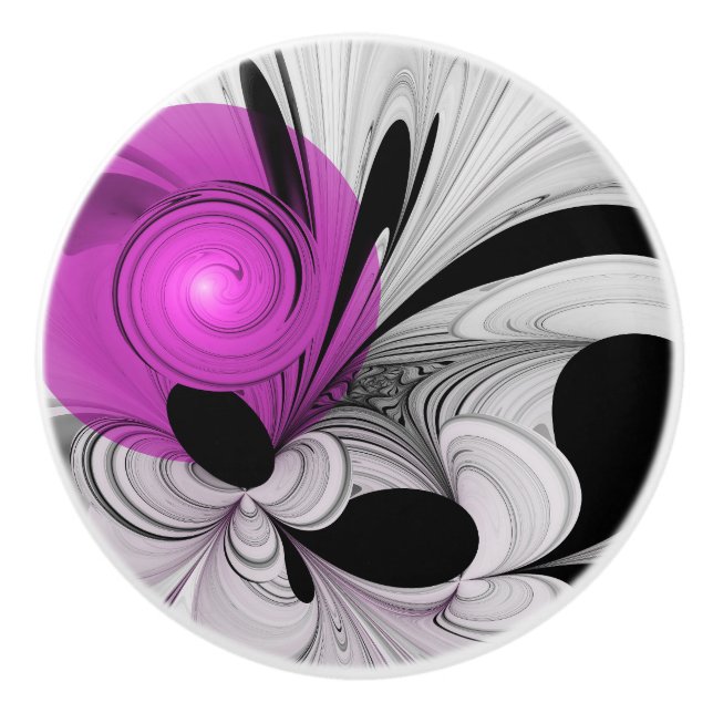 Abstract Black Grey With Magenta Fractal Art Ceramic Knob (Front)