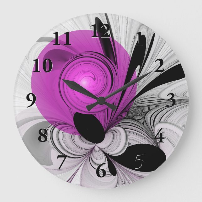 Abstract Black Grey With Magenta Fractal Art Large Clock (Front)