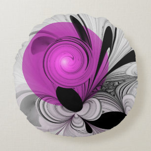 Abstract Black Grey With Magenta Fractal Art Round Cushion