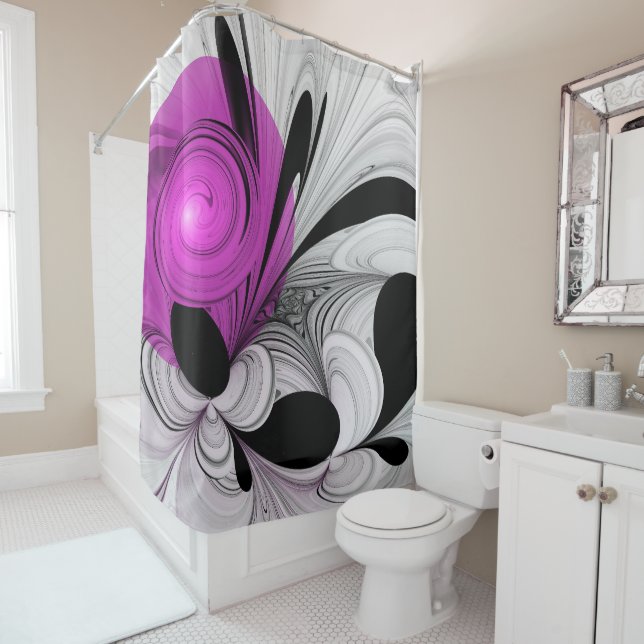 Abstract Black Grey With Magenta Fractal Art Shower Curtain (In Situ)