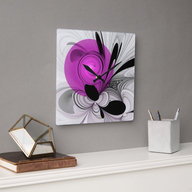 Abstract Black Grey With Magenta Fractal Art Square Wall Clock (Office)