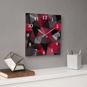 Abstract Black, red, gray geometric. Square Wall Clock