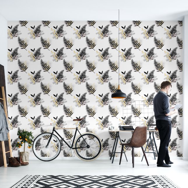 Abstract Black Silver and Gold Leaves Pattern Wallpaper (Living Room)