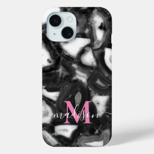 Abstract Black White agates geode monogram script  iPhone 15 Case