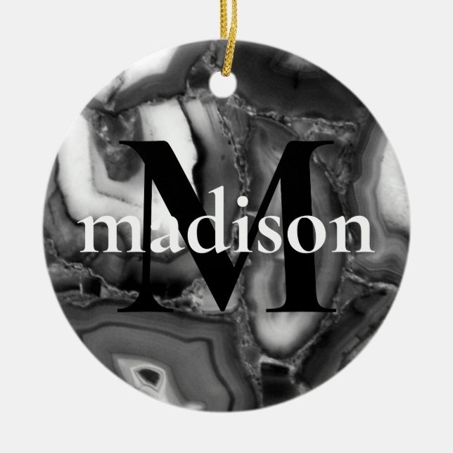 Abstract Black White agates geode monogram script  Ceramic Tree Decoration (Front)