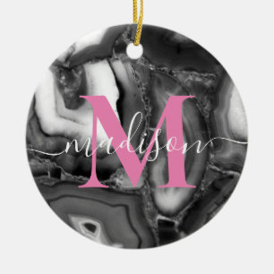 Abstract Black White agates geode monogram script  Ceramic Tree Decoration