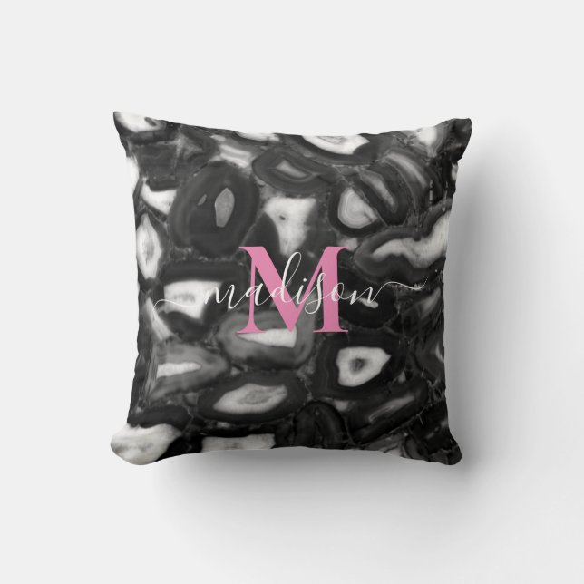 Abstract Black White agates geode monogram script  Cushion (Front)