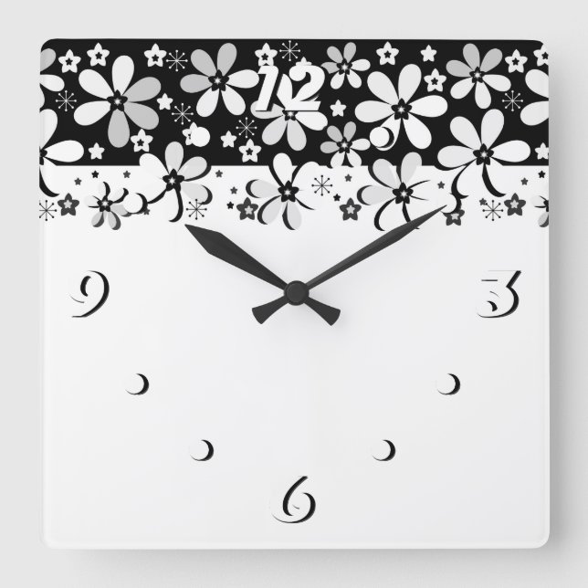 Abstract black white cartoon flowers floral design square wall clock (Front)
