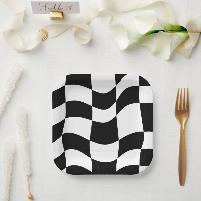 Abstract Black & White Chequered Paper Plates (Wedding)