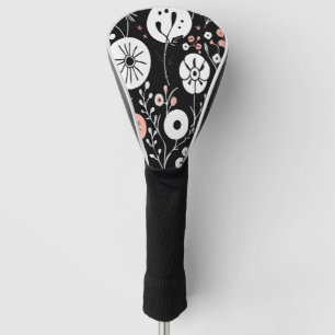 Abstract Black & White Floral with Pink Accents Golf Head Cover