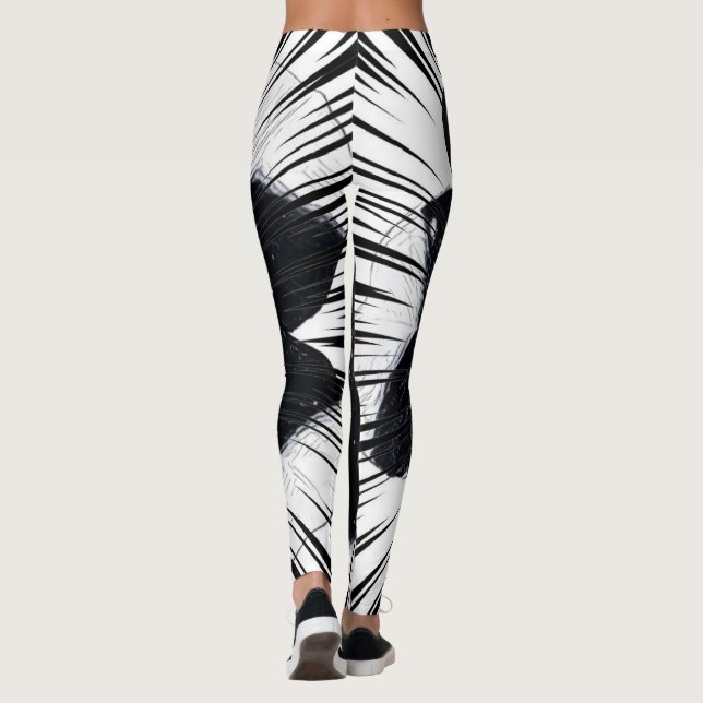 Abstract Black & White Palm Leaf Print Leggings (Back)