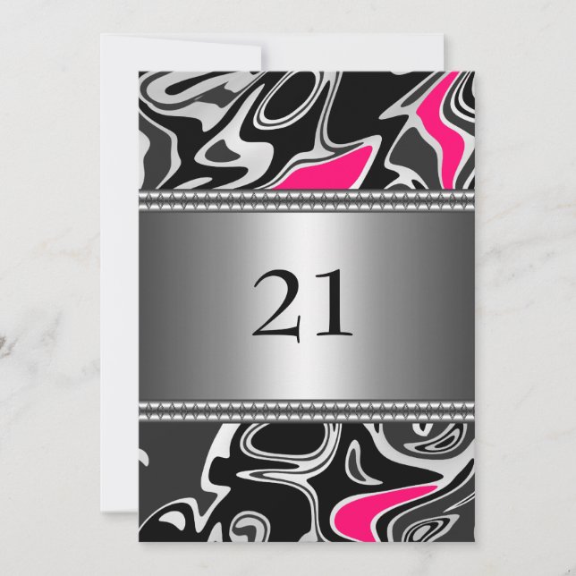 Abstract Black White Pink Silver Trim 21st Birthda Invitation (Front)