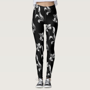 Abstract black white shine flowers on black leggings
