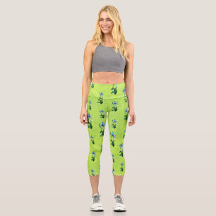 Abstract black white shine flowers on green capri leggings