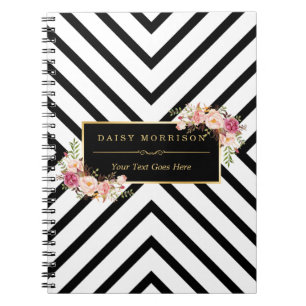 Abstract Black White Stripes and Floral Gold Frame Spiral Notebook