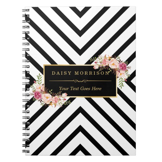 Abstract Black White Stripes and Floral Gold Frame Spiral Notebook (Front)